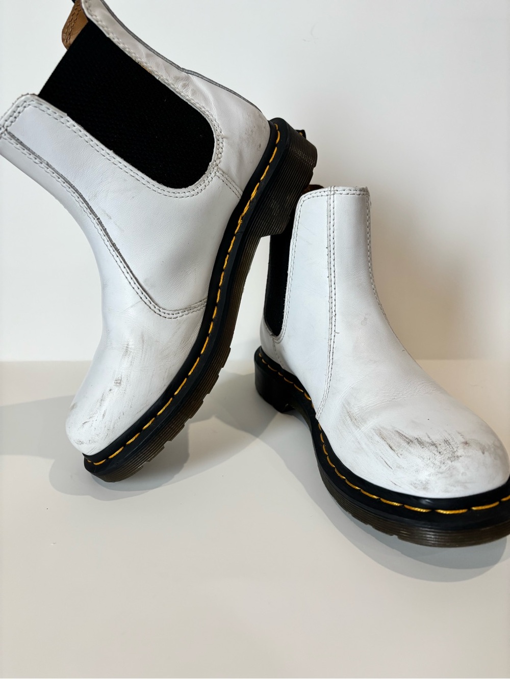 Dr. Martens White Leather Chelsea Boots with Yellow Welt Stitching
